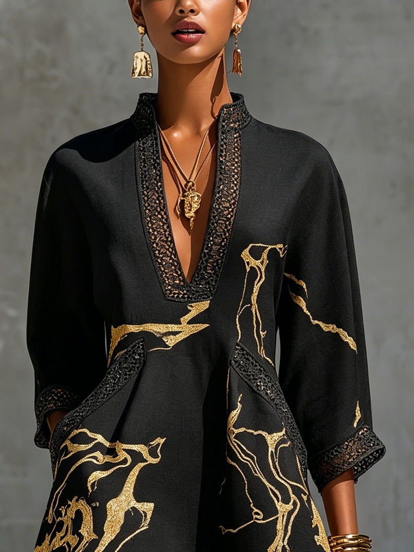 Black Floral-Embroidered Mini Dress with Gold Print and V-Neck Crochet Lace