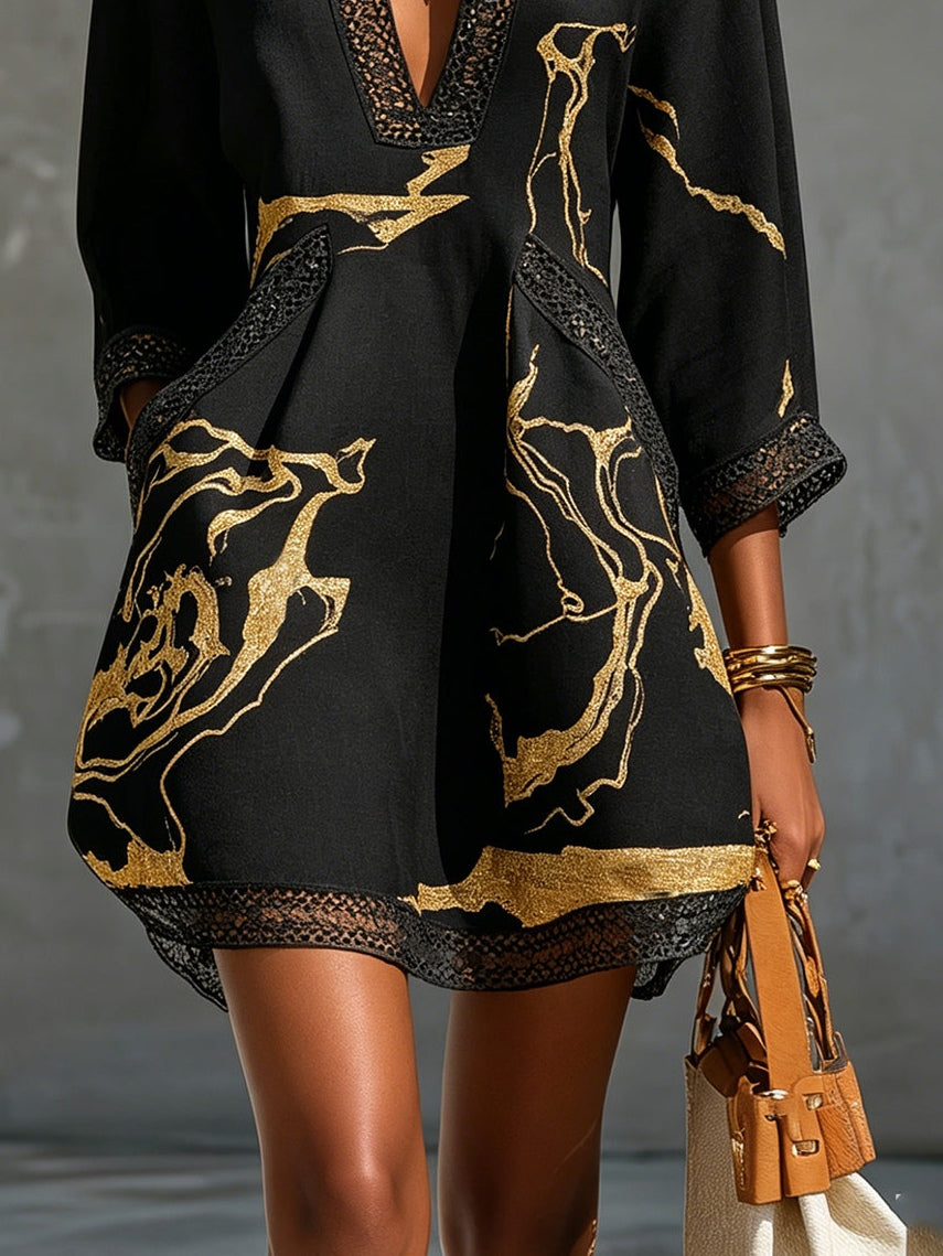 Black Floral-Embroidered Mini Dress with Gold Print and V-Neck Crochet Lace