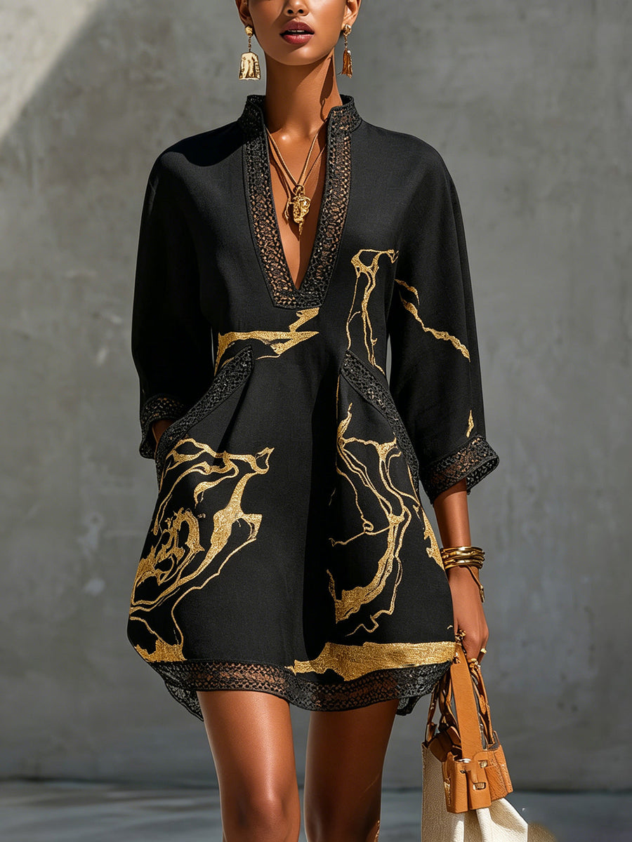 Black Floral-Embroidered Mini Dress with Gold Print and V-Neck Crochet Lace
