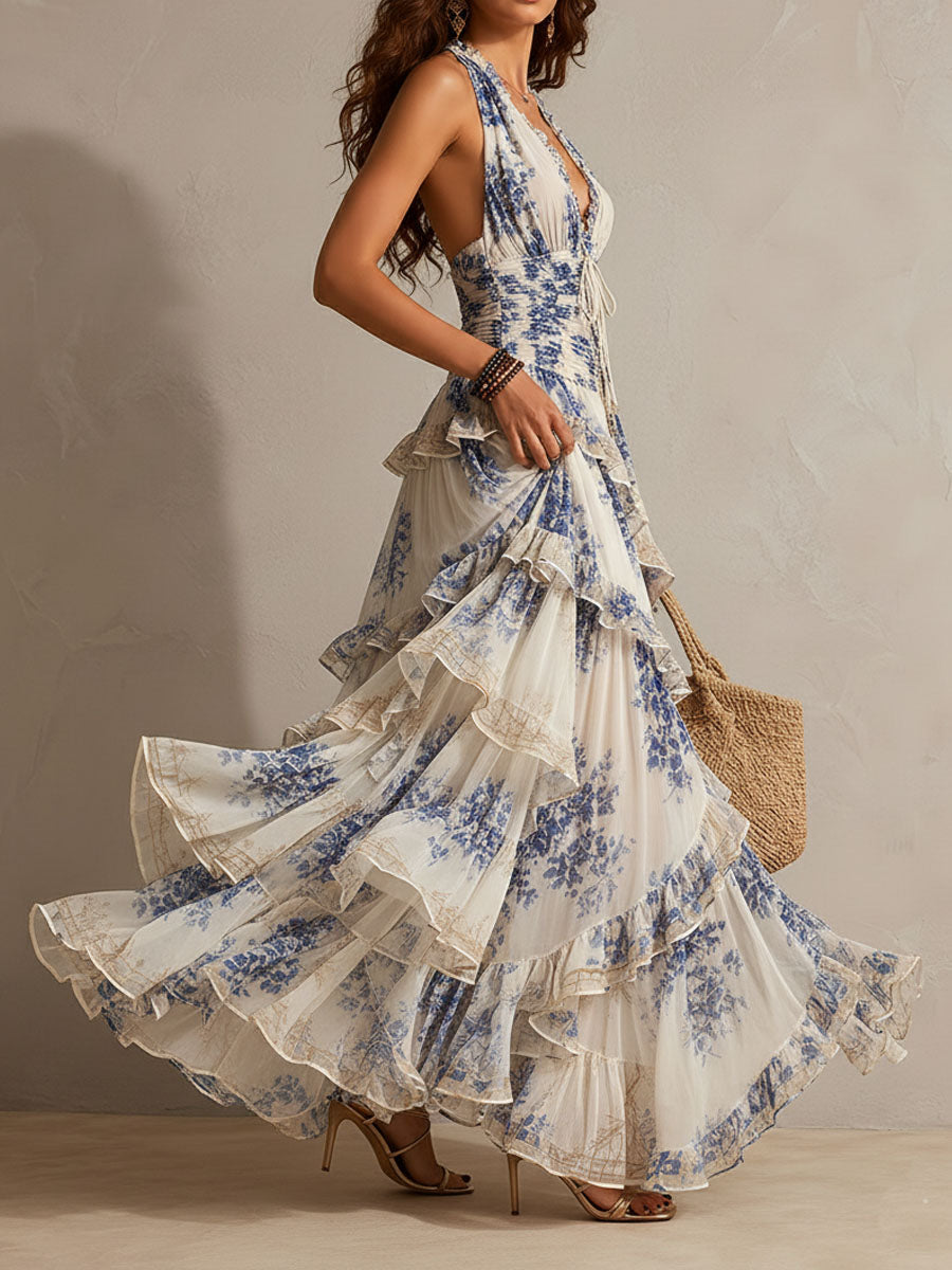 Ruffled Halter Maxi Dress with Blue and White Floral Print for Romantic Getaways