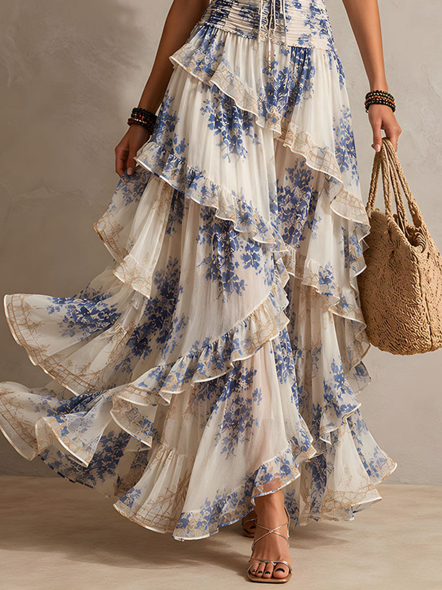 Ruffled Halter Maxi Dress with Blue and White Floral Print for Romantic Getaways
