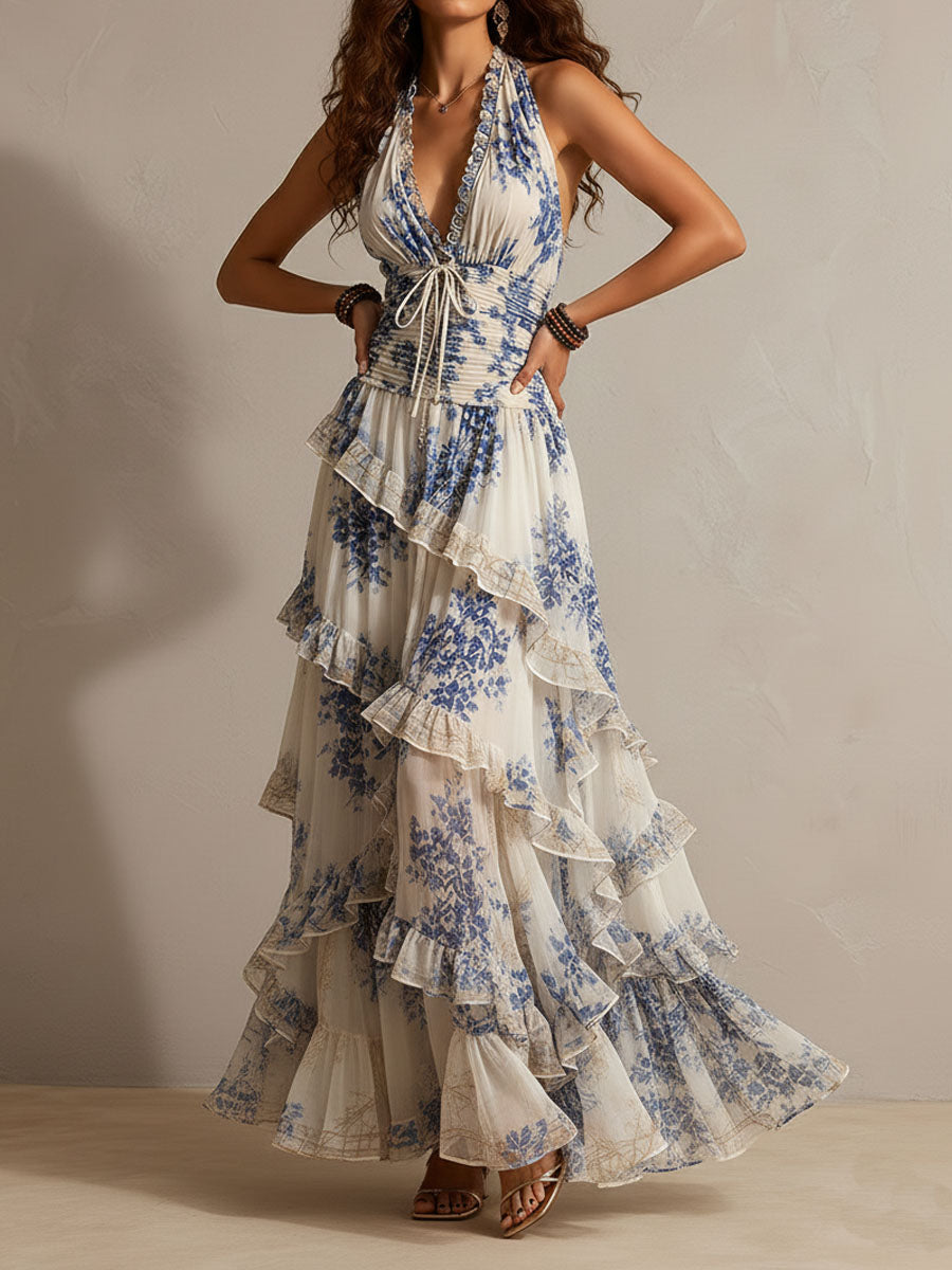 Ruffled Halter Maxi Dress with Blue and White Floral Print for Romantic Getaways