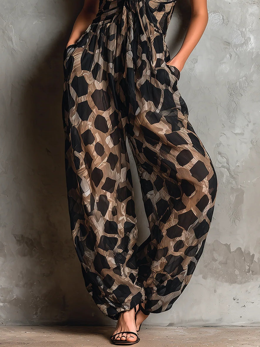 Wide Chiffon Jumpsuit with American Neckline and Black Animal Print