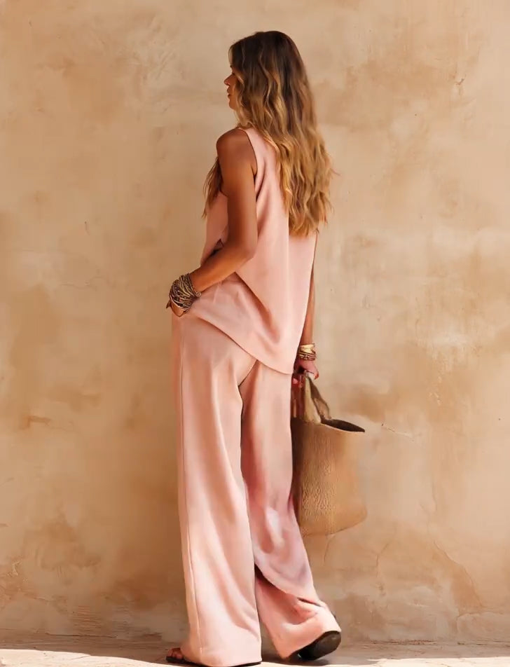 Casual Pink One-Shoulder Sleeveless Top and Pants Set