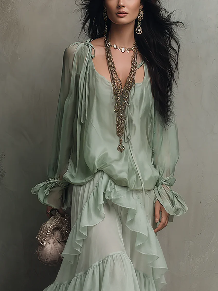 Mint Green Ruffled Chiffon Top with Layered Skirt Set
