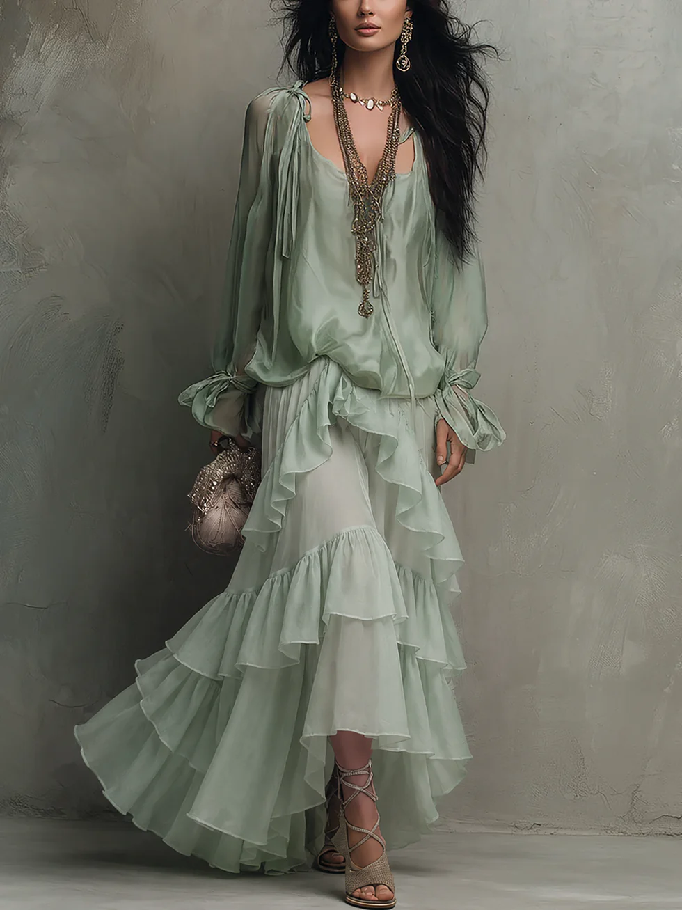 Mint Green Ruffled Chiffon Top with Layered Skirt Set