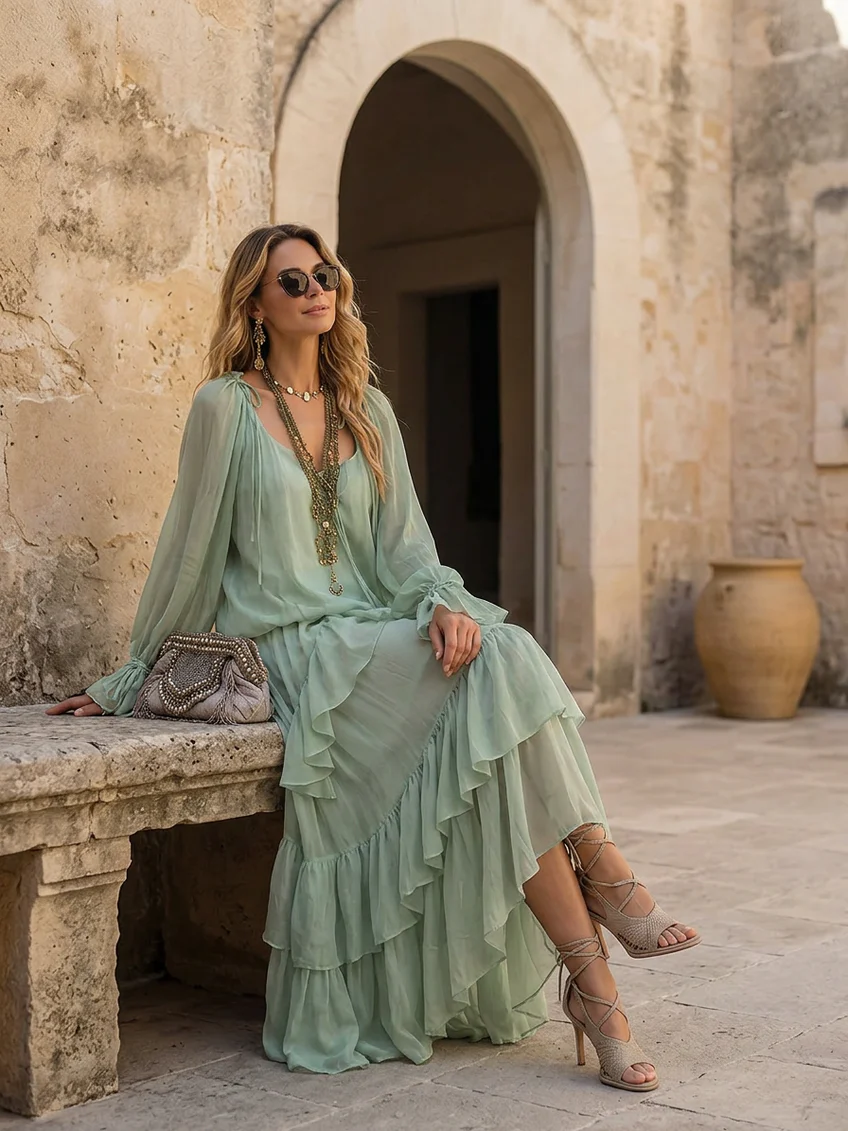 Mint Green Ruffled Chiffon Top with Layered Skirt Set