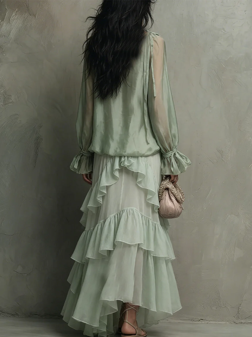Mint Green Ruffled Chiffon Top with Layered Skirt Set