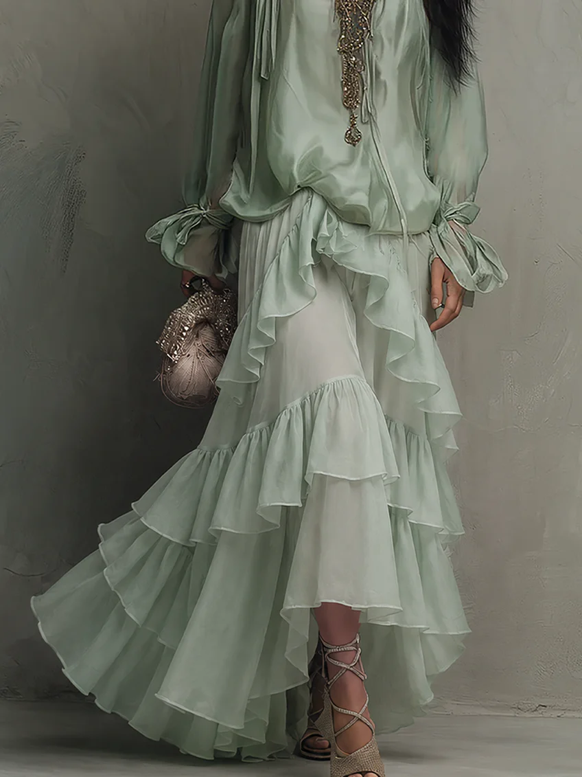 Mint Green Ruffled Chiffon Top with Layered Skirt Set