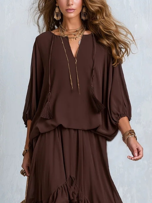 Brown Chiffon Drawstring V-Neck Top with Layered Ruffle Skirt Set