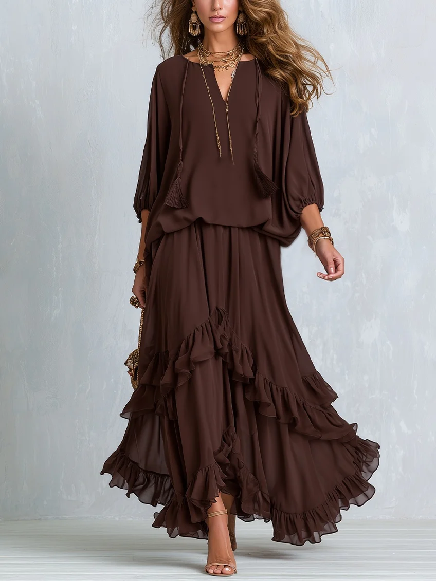 Brown Chiffon Drawstring V-Neck Top with Layered Ruffle Skirt Set