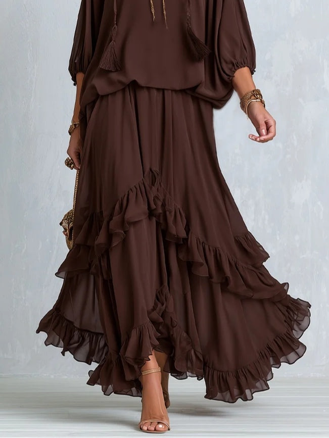 Brown Chiffon Drawstring V-Neck Top with Layered Ruffle Skirt Set