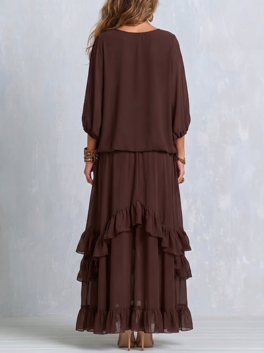 Brown Chiffon Drawstring V-Neck Top with Layered Ruffle Skirt Set