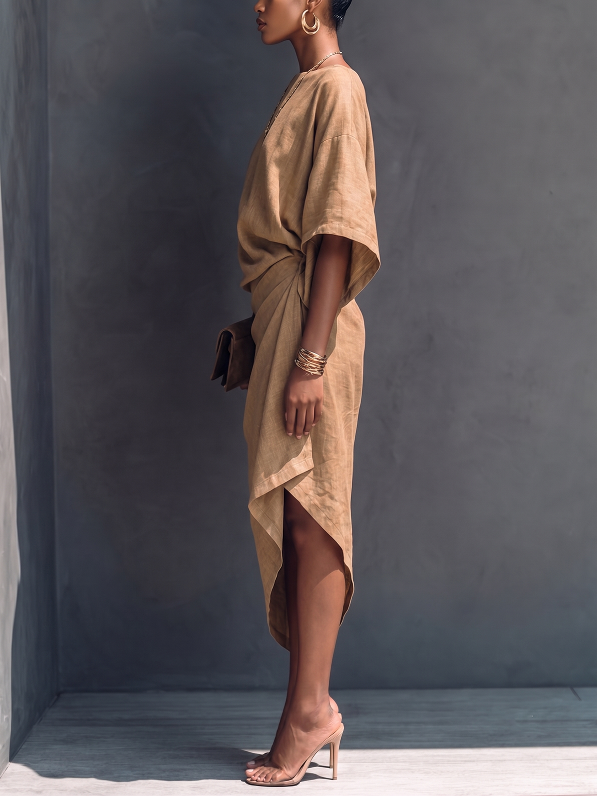 Asymmetric Draped Khaki Midi Dress with Short Sleeves