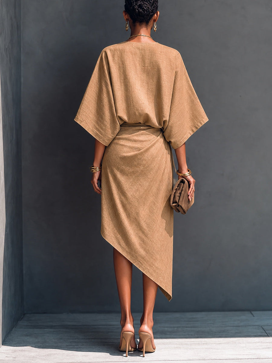 Asymmetric Draped Khaki Midi Dress with Short Sleeves