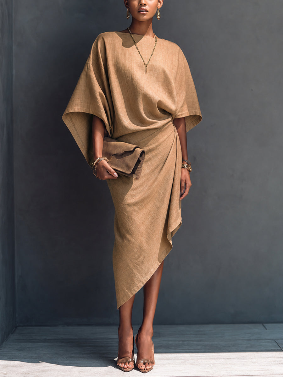 Asymmetric Draped Khaki Midi Dress with Short Sleeves
