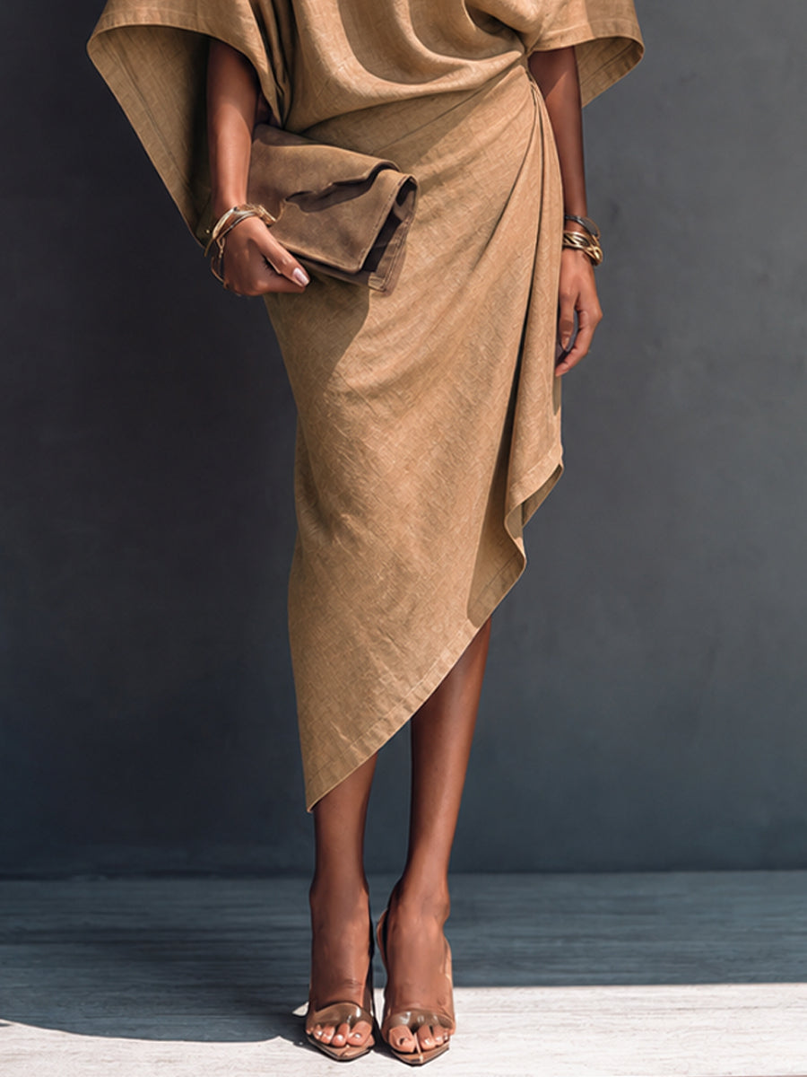 Asymmetric Draped Khaki Midi Dress with Short Sleeves