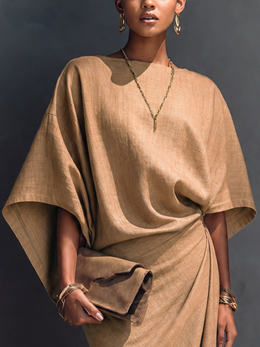 Asymmetric Draped Khaki Midi Dress with Short Sleeves