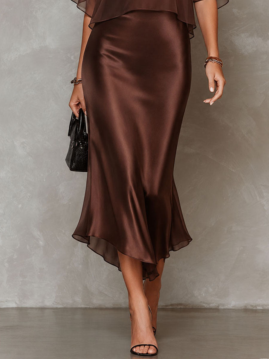 Two-Piece Set: Brown Chiffon Blouse and Satin Midi Dress