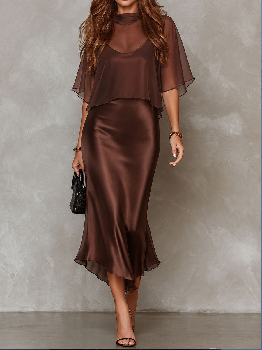 Two-Piece Set: Brown Chiffon Blouse and Satin Midi Dress