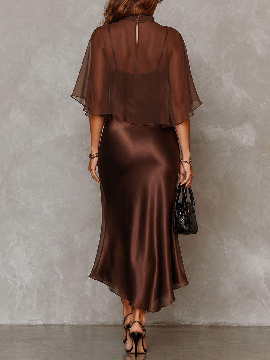 Two-Piece Set: Brown Chiffon Blouse and Satin Midi Dress