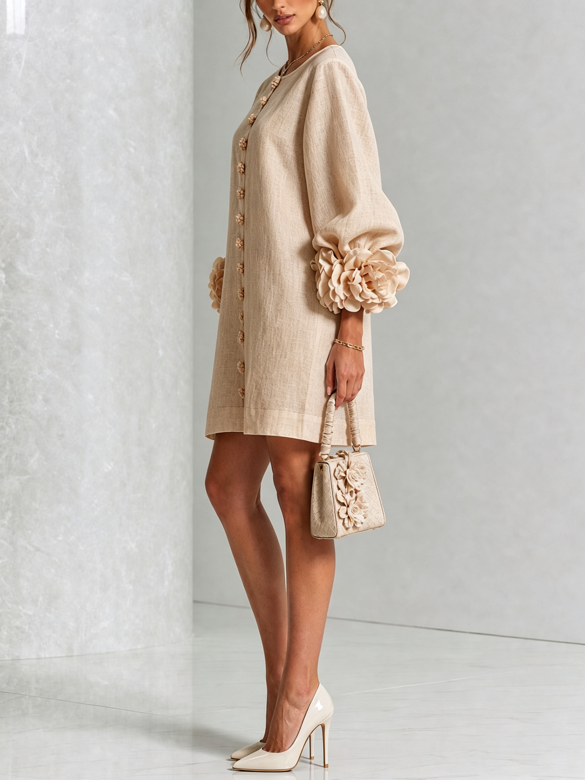 White Floral Mini Dress with Buttons and Statement Floral Sleeves
