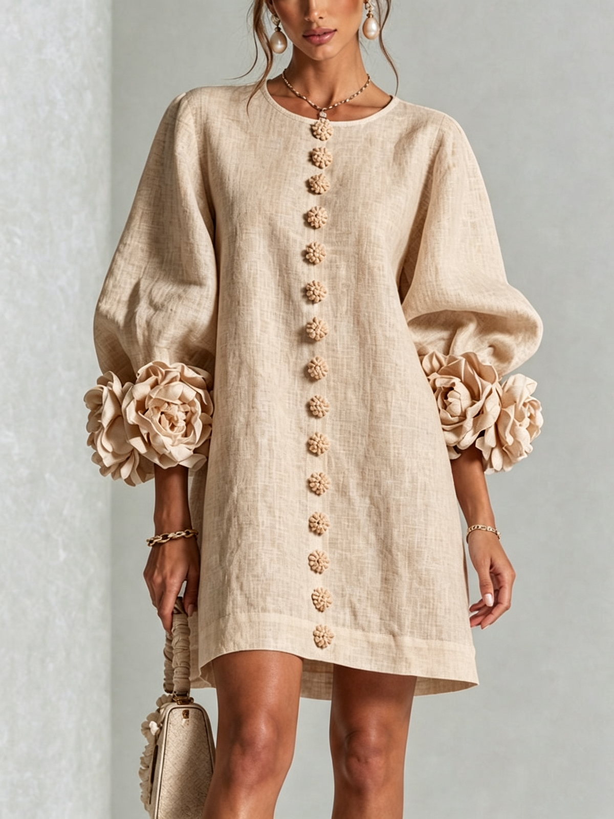 White Floral Mini Dress with Buttons and Statement Floral Sleeves