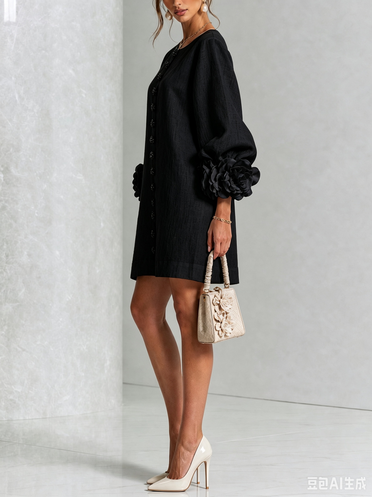 White Floral Mini Dress with Buttons and Statement Floral Sleeves
