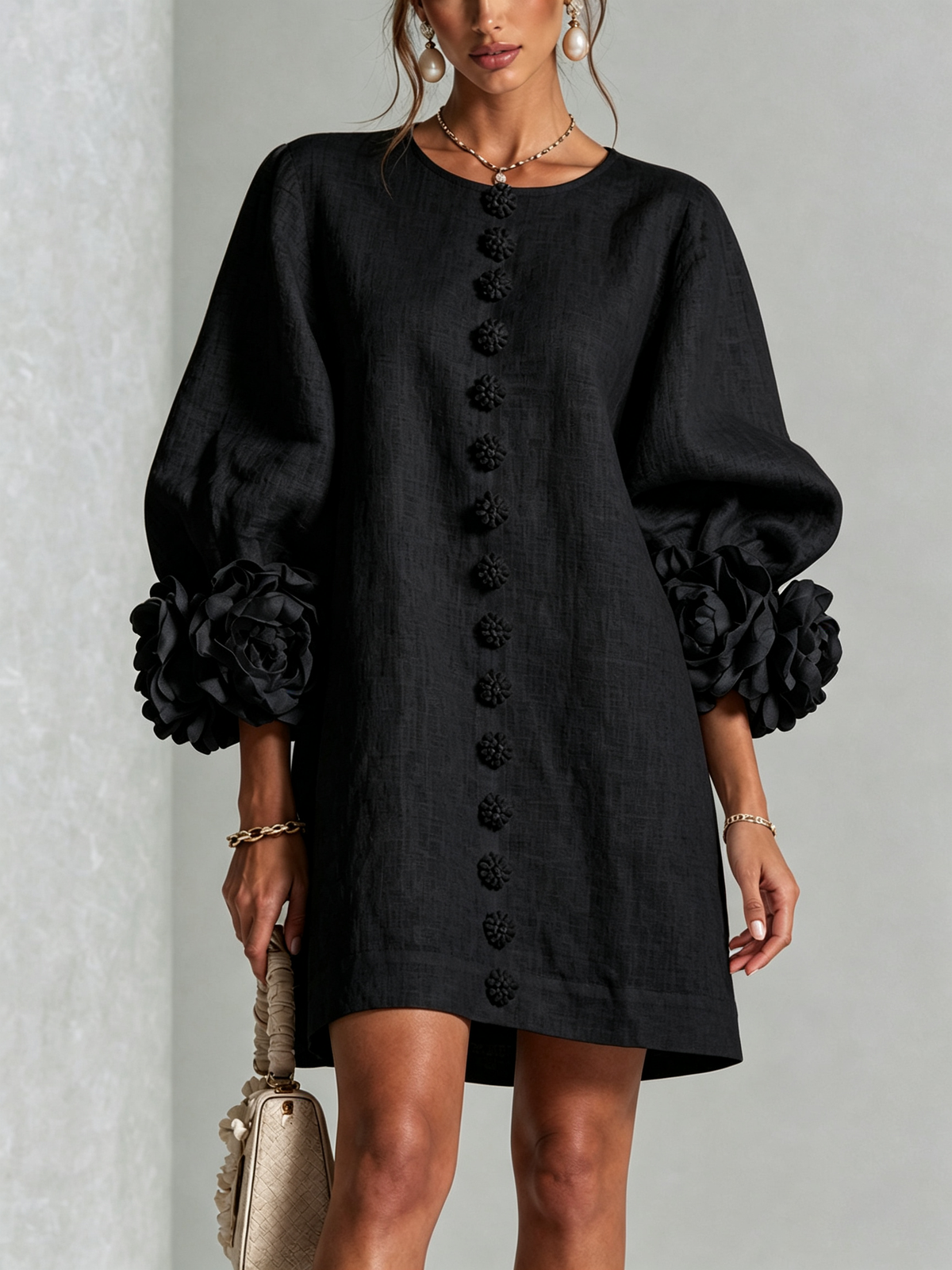White Floral Mini Dress with Buttons and Statement Floral Sleeves
