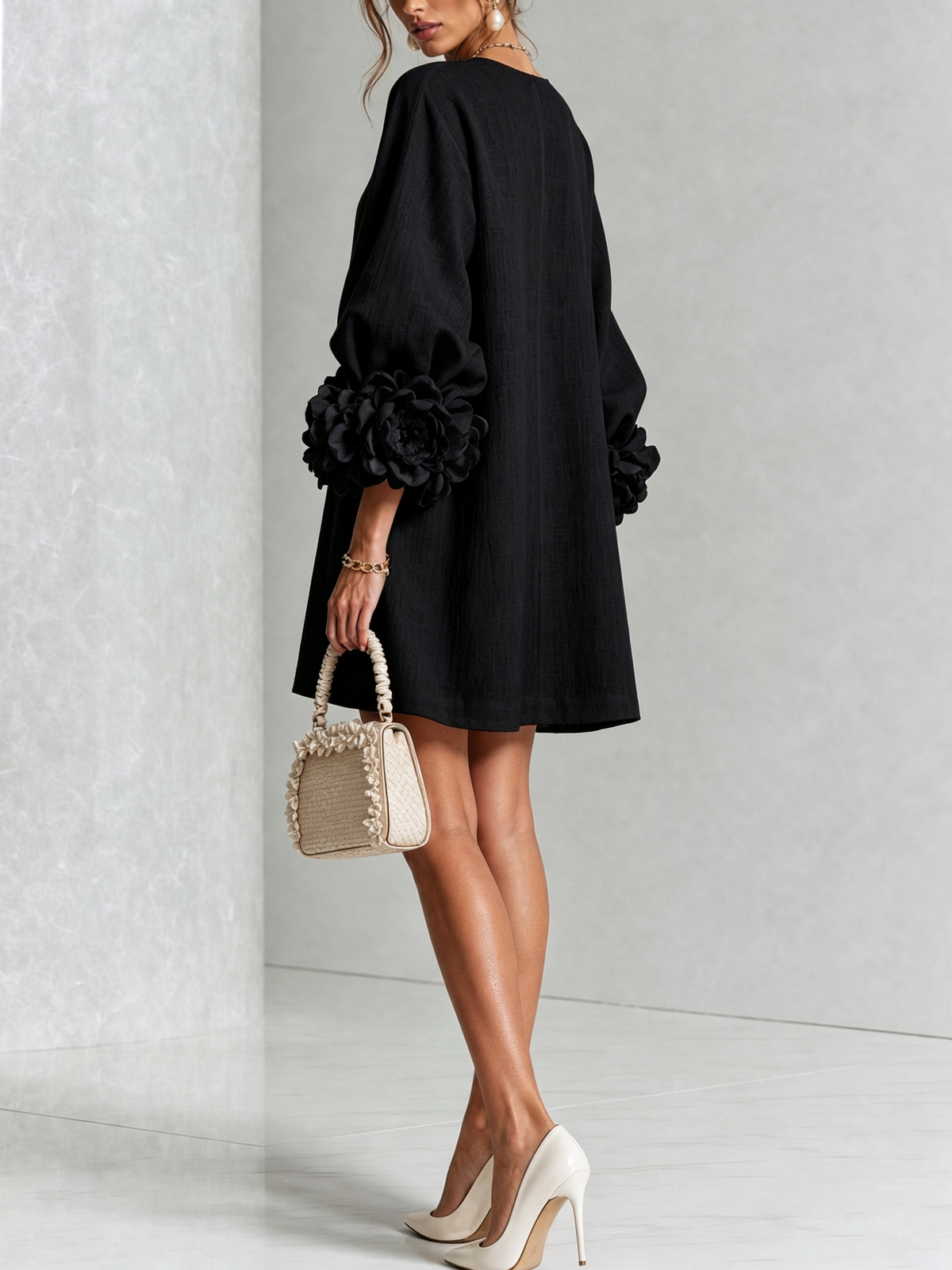 White Floral Mini Dress with Buttons and Statement Floral Sleeves