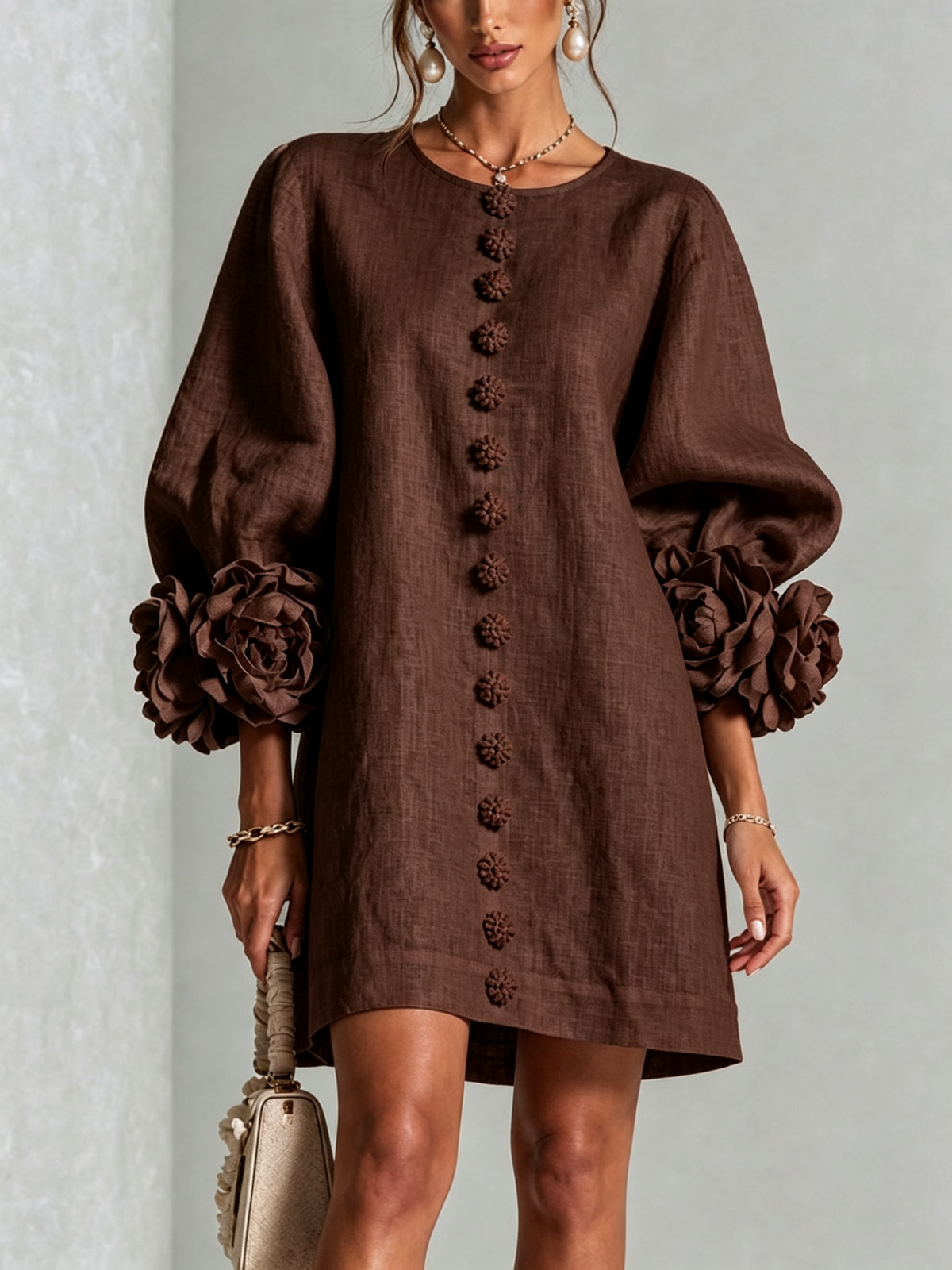 White Floral Mini Dress with Buttons and Statement Floral Sleeves