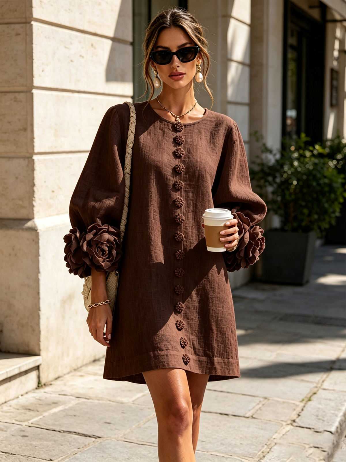 White Floral Mini Dress with Buttons and Statement Floral Sleeves