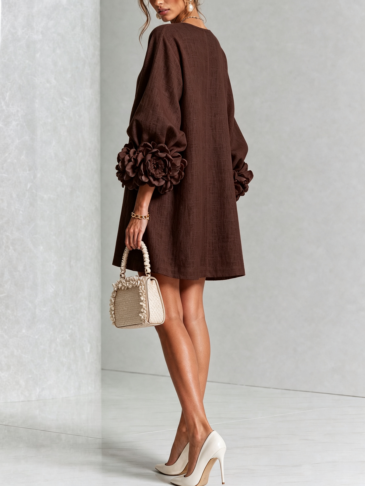 White Floral Mini Dress with Buttons and Statement Floral Sleeves