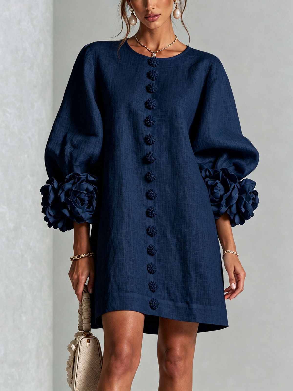 White Floral Mini Dress with Buttons and Statement Floral Sleeves
