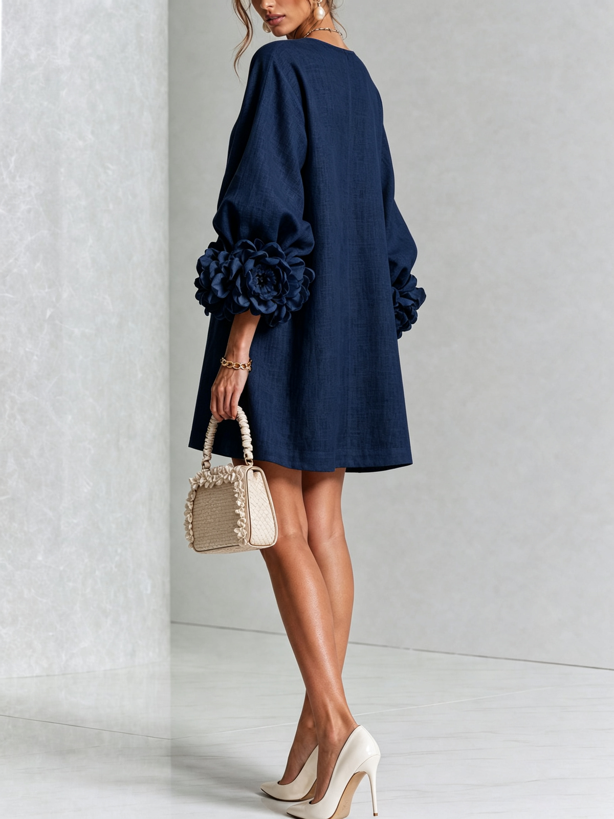 White Floral Mini Dress with Buttons and Statement Floral Sleeves