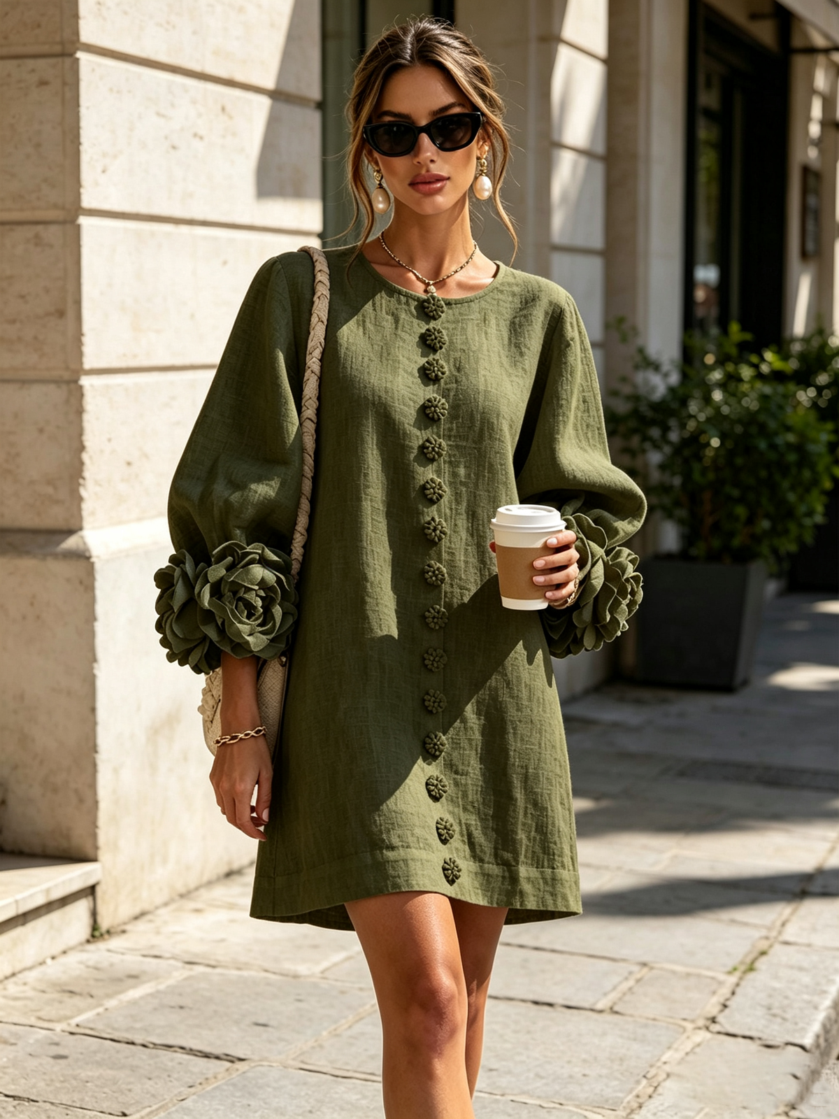 White Floral Mini Dress with Buttons and Statement Floral Sleeves