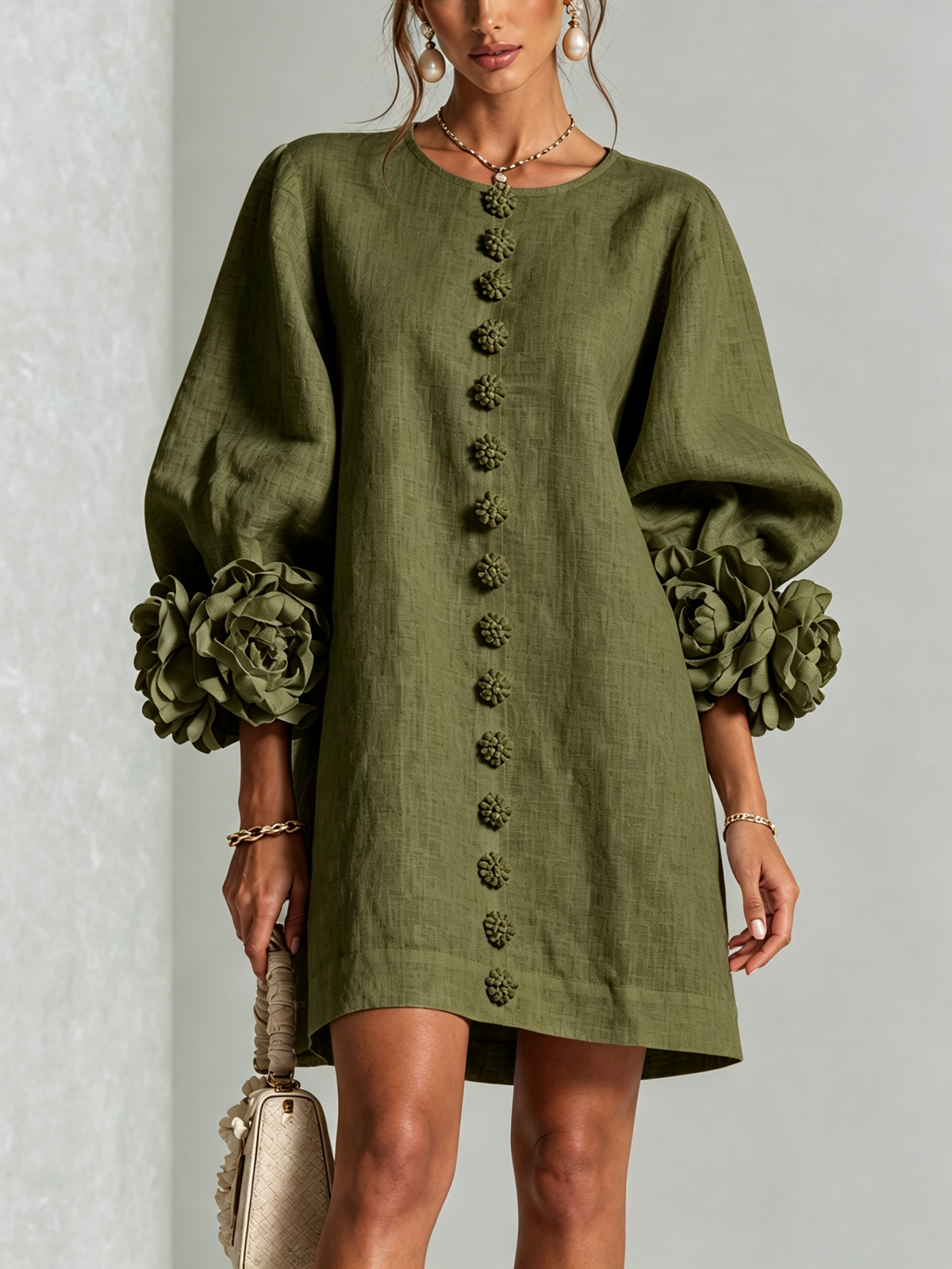 Button-Down Mini Dress in Olive Print with Statement Floral Sleeves