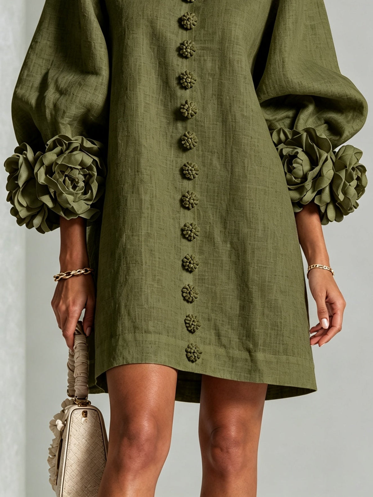 Button-Down Mini Dress in Olive Print with Statement Floral Sleeves
