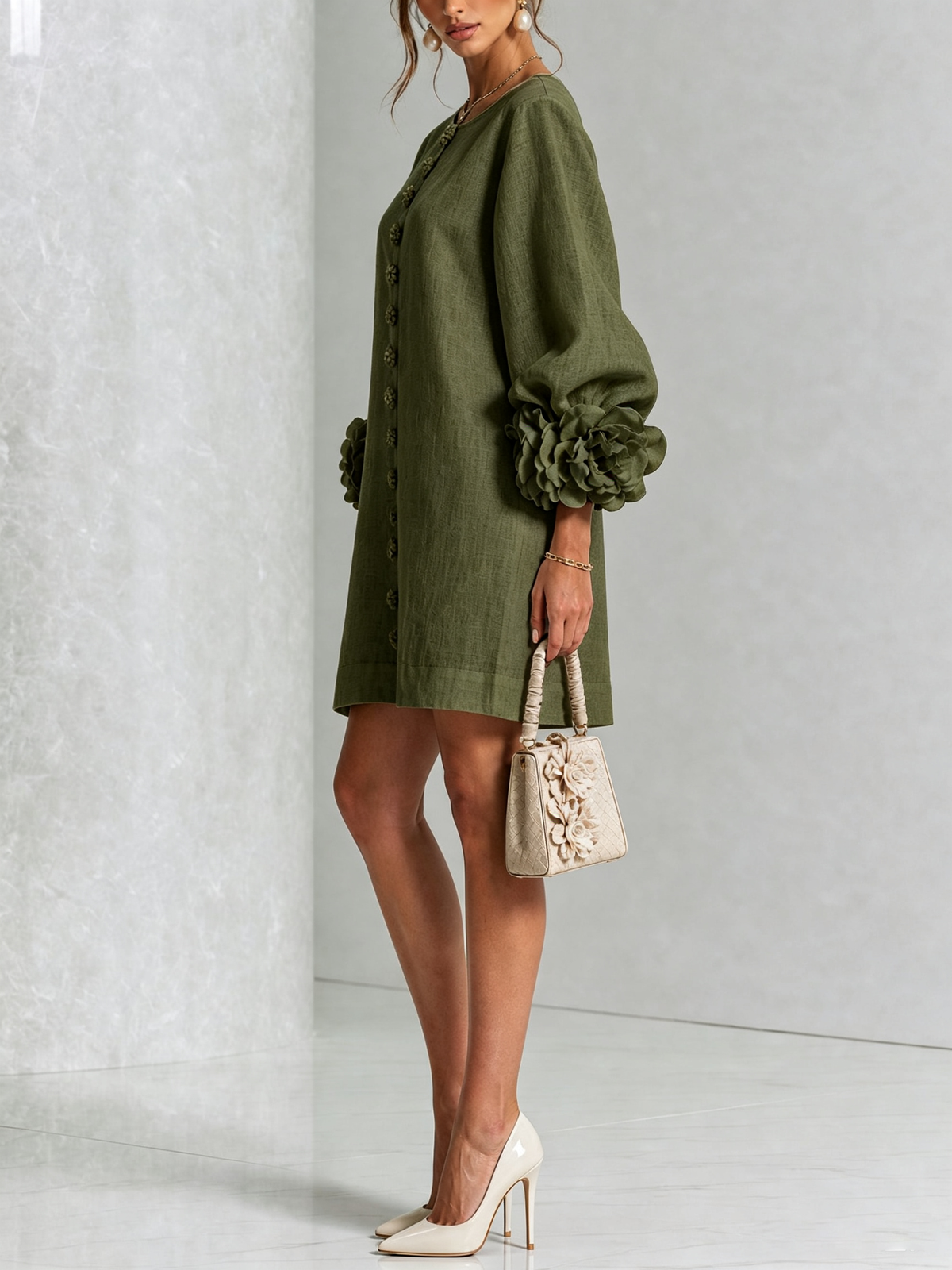White Floral Mini Dress with Buttons and Statement Floral Sleeves