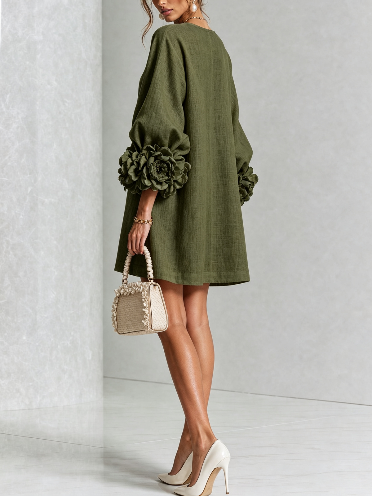 Button-Down Mini Dress in Olive Print with Statement Floral Sleeves