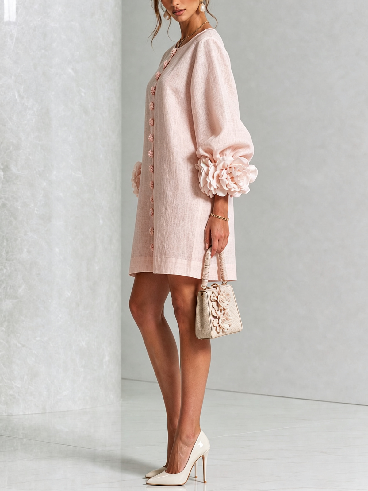 White Floral Mini Dress with Buttons and Statement Floral Sleeves