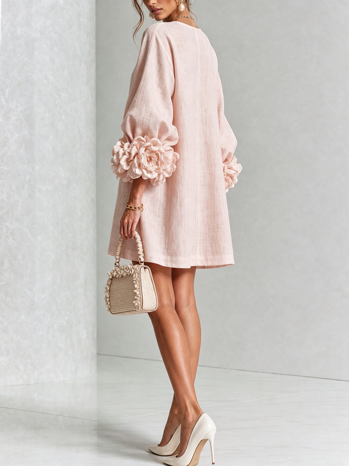 White Floral Mini Dress with Buttons and Statement Floral Sleeves