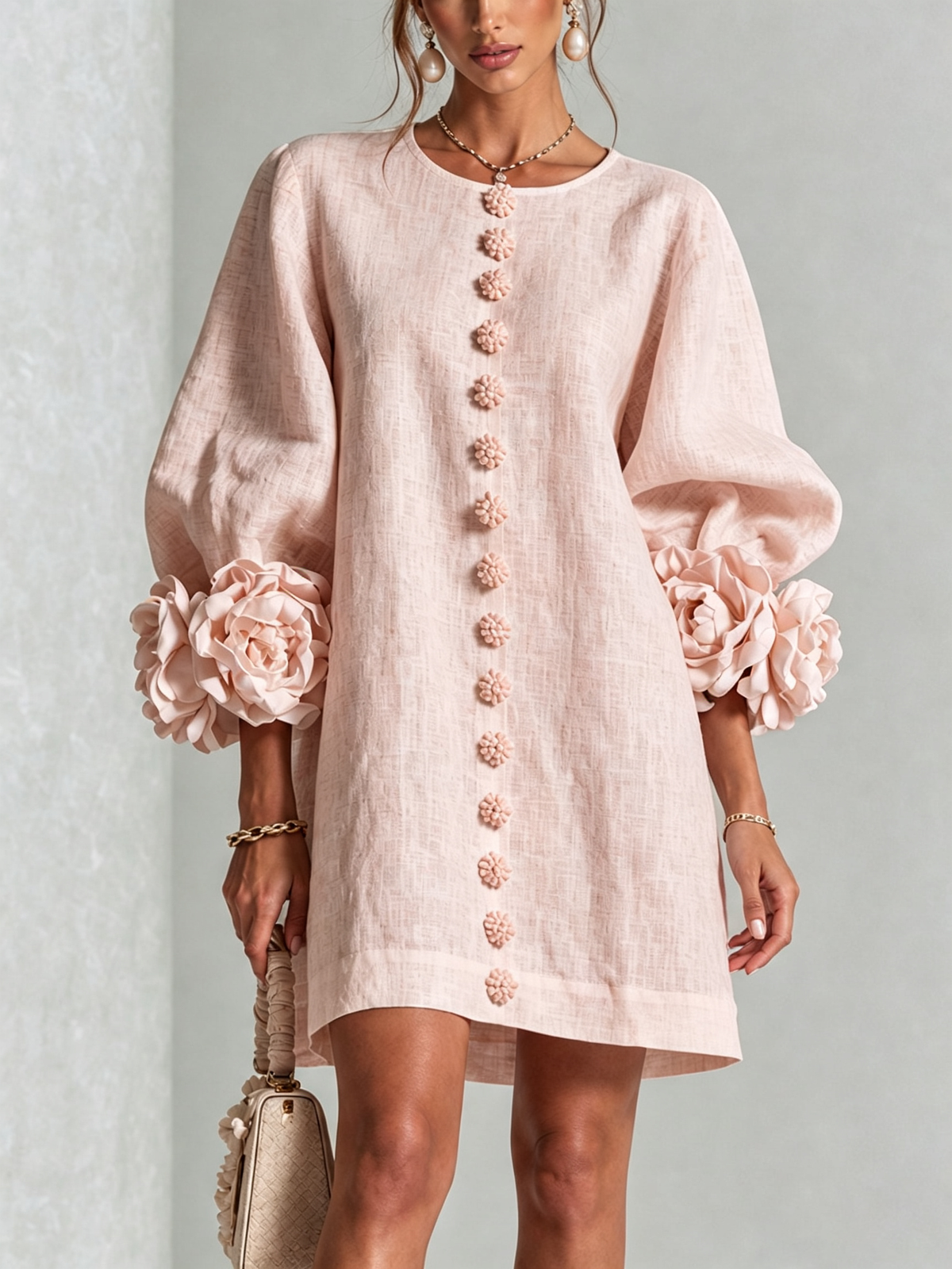 White Floral Mini Dress with Buttons and Statement Floral Sleeves