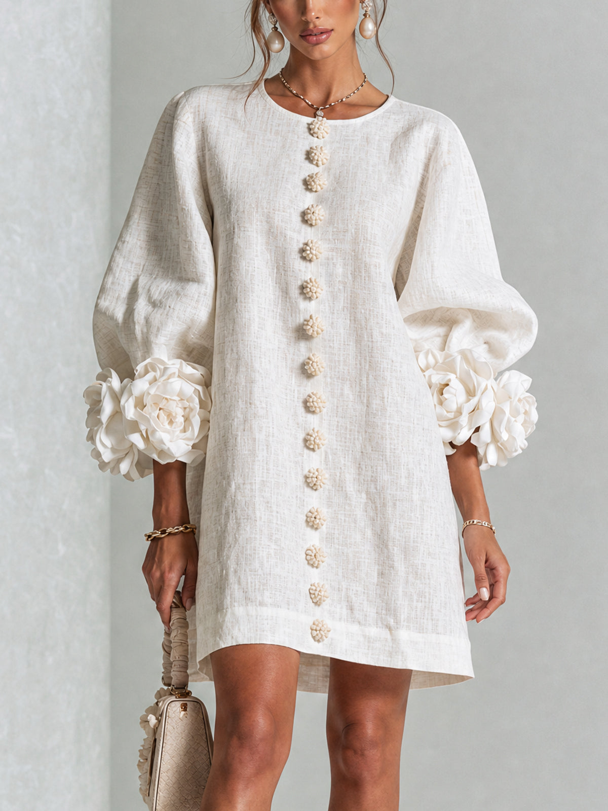 White Floral Mini Dress with Buttons and Statement Floral Sleeves