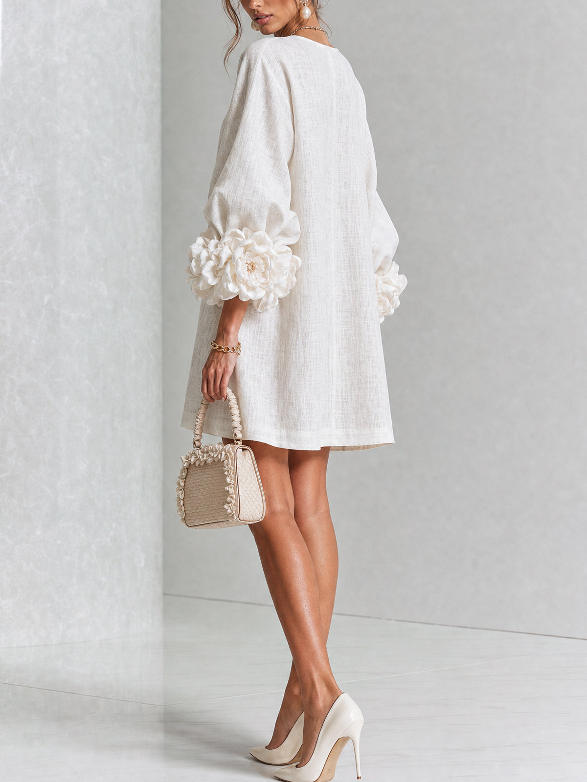 White Floral Mini Dress with Buttons and Statement Floral Sleeves