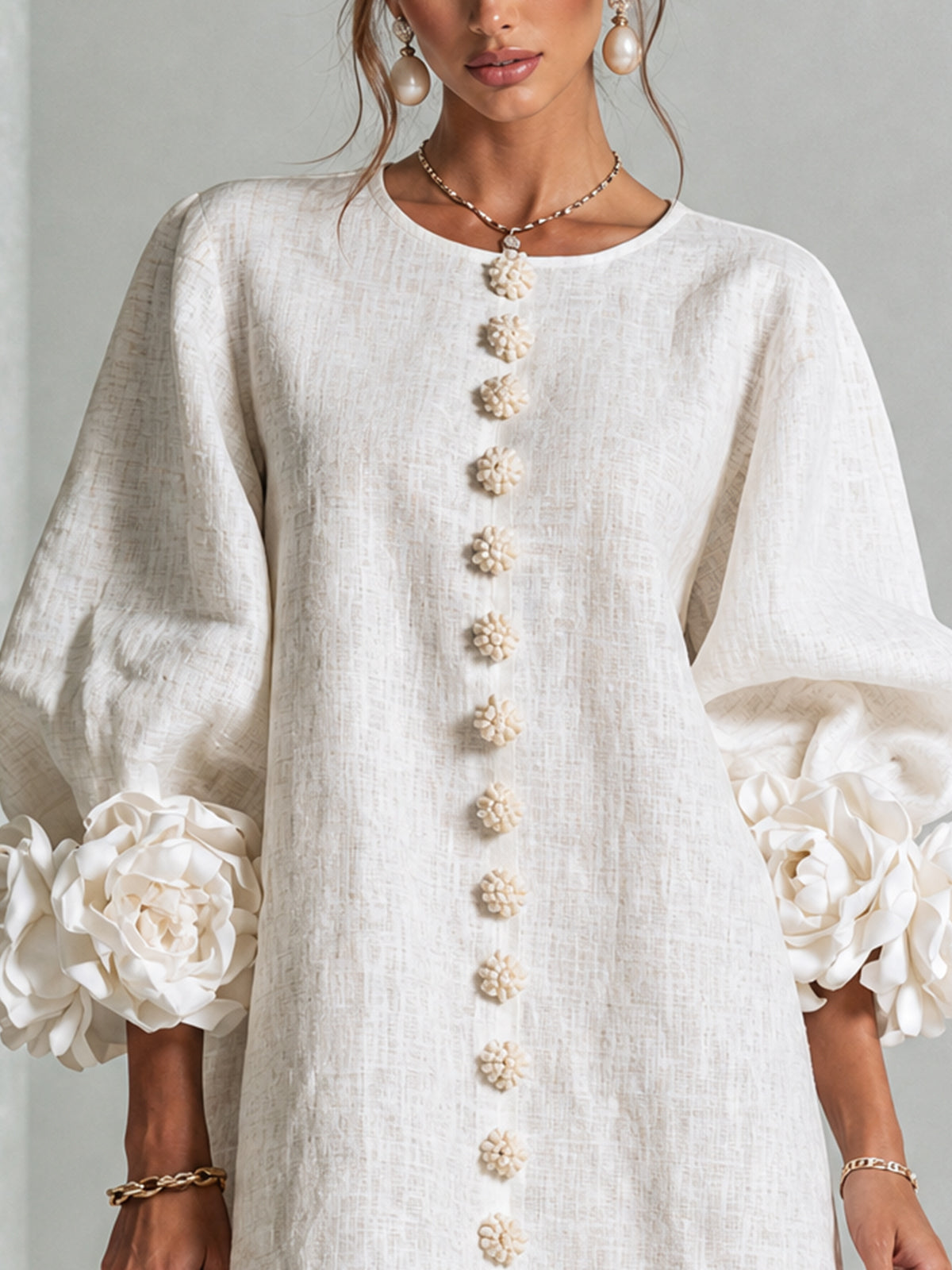 White Floral Mini Dress with Buttons and Statement Floral Sleeves