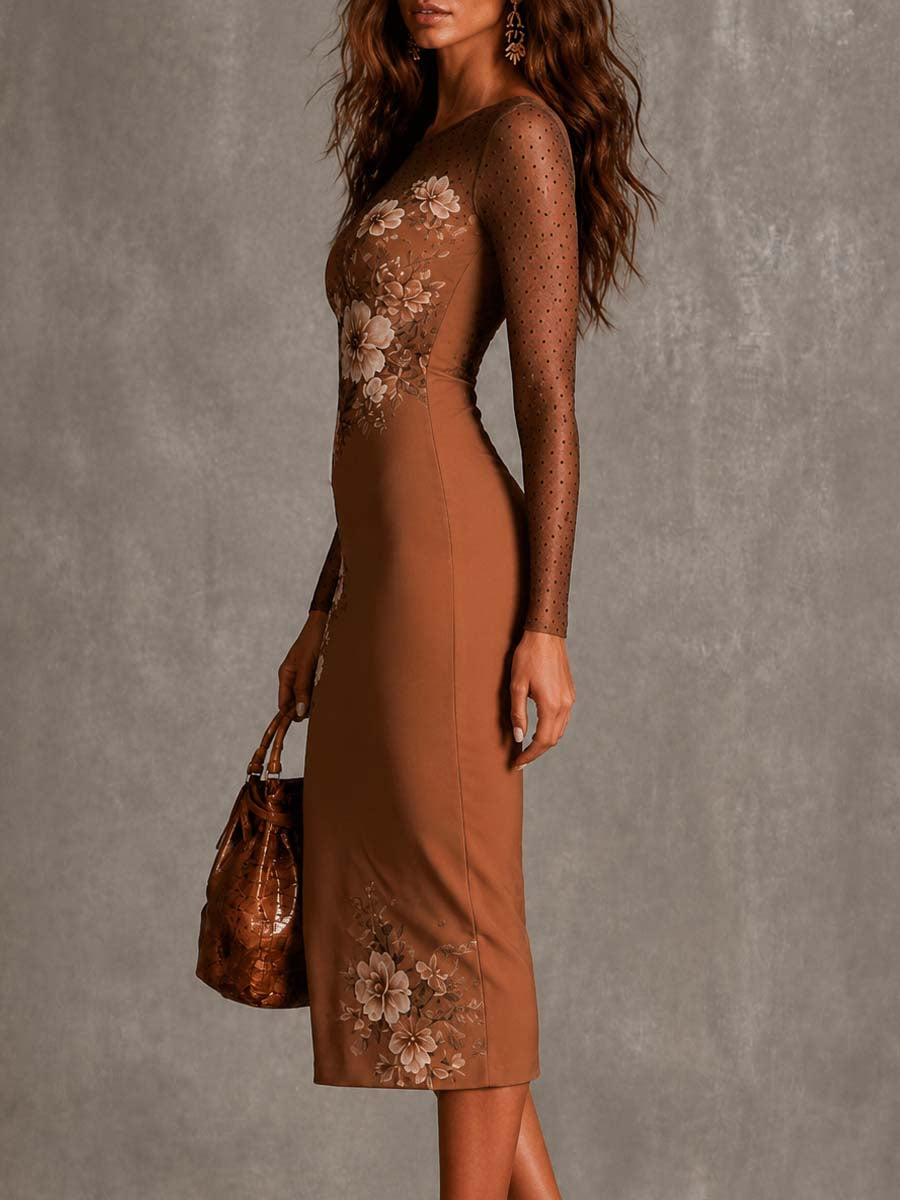 Fitted Sheer Brown Midi Dress with Floral and Polka-Dot Print