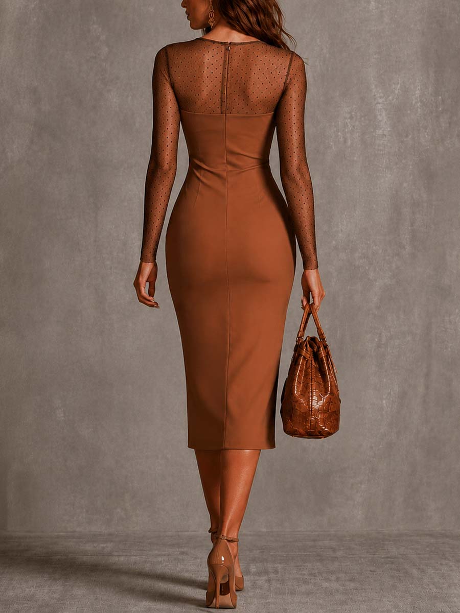 Fitted Sheer Brown Midi Dress with Floral and Polka-Dot Print