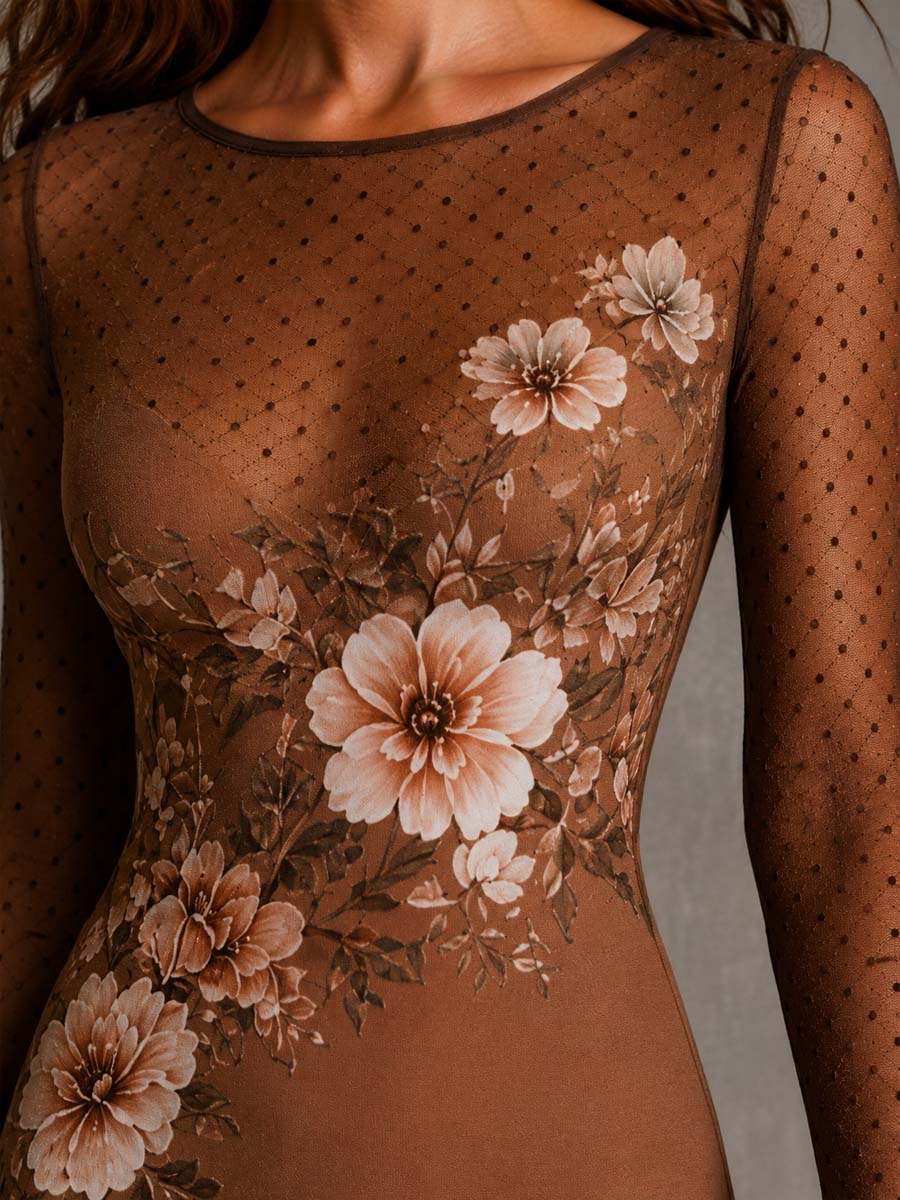 Fitted Sheer Brown Midi Dress with Floral and Polka-Dot Print