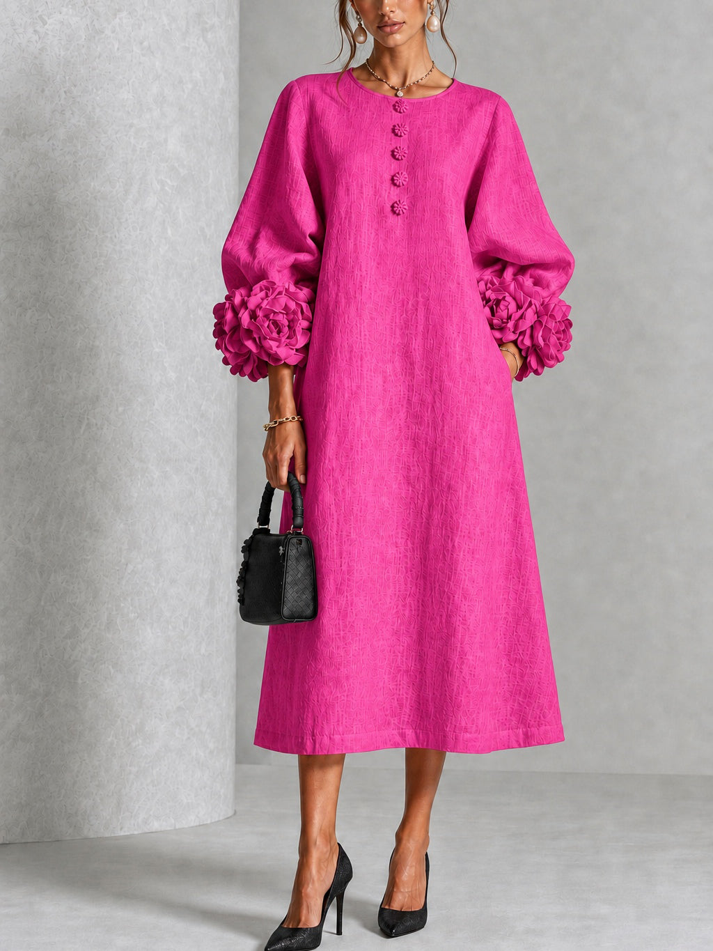Fuchsia Floral Button-down Midi Dress With Striking Floral Cuffs